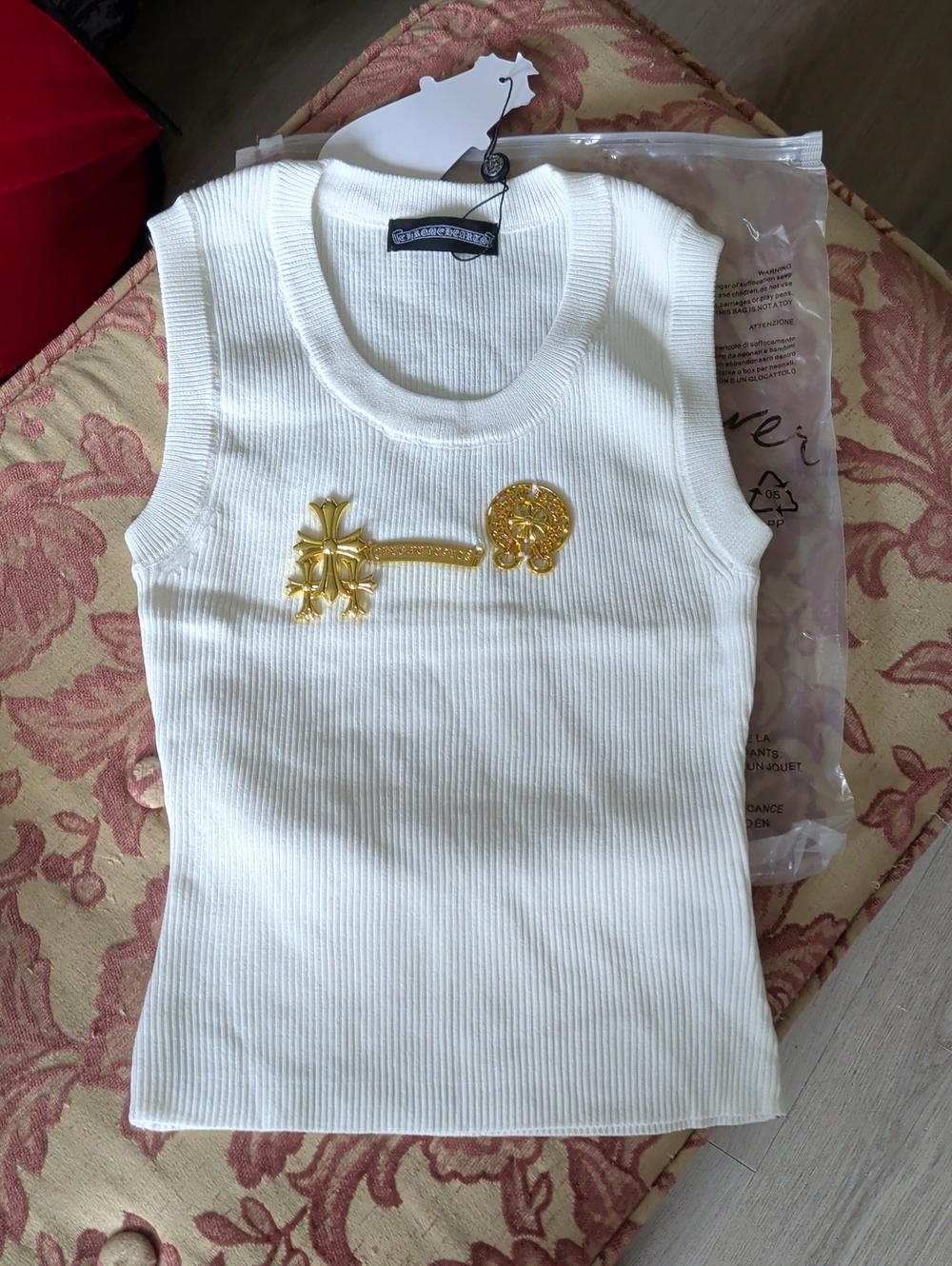 Brand New White Sleeveless Rib Knit Ladies Tank with Gold Crest Detail